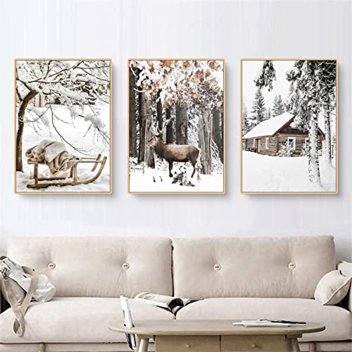 TROYSINC 3er Premium Poster Set, Winter Bilder, Elch, Holzhaus, Wald Wandkunst Wandbilder, Leinwand Drucke Wohnzimmer Bilder Modern Wanddeko Bilder, Kein Rahmen (A,50x70cm)