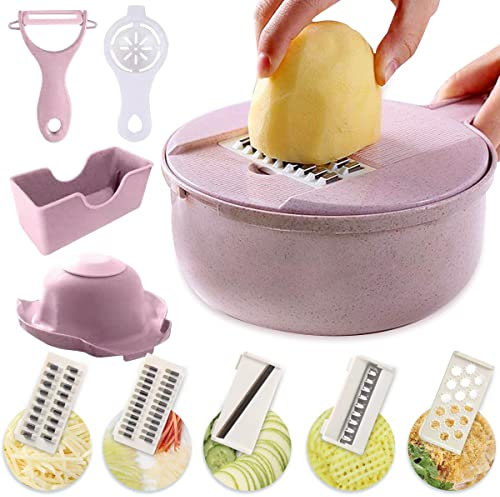 Darryy 12-in-1 Gemüseschneider mit Behälter, 4 Edelstahlklingen, Gemüseschneider Gemüsehobel Obstschneider, Gemüseschneider Manuell, Multifunktion, Zum Schneiden von Obst und Gemüse (Rosa)