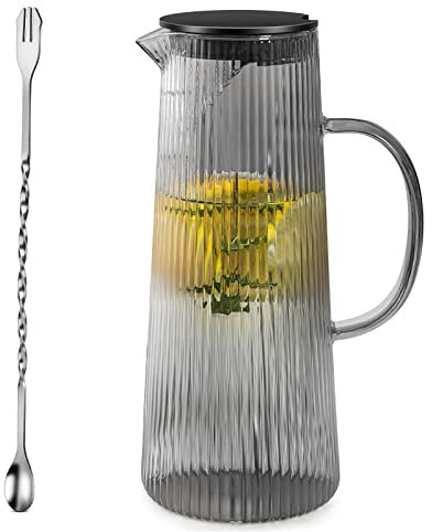 Csuntikulo Wasserkaraffe, Glaskaraffe, 1300 ml, Glaskaraffe mit Deckel und Henkel, für Eistee, Getränke, Warmwasser, Wein, Kaffee, Milch und Saft, Grau
