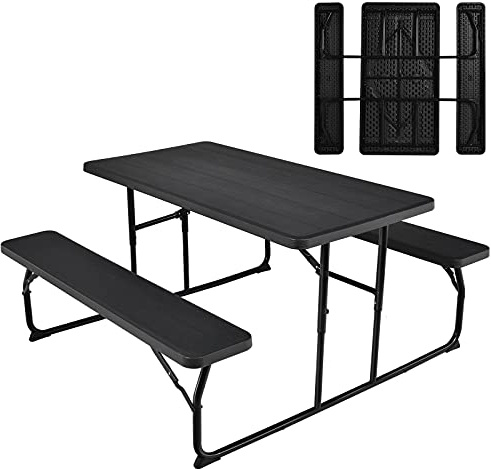 COSTWAY Klappbarer Picknicktisch mit Bänken, 136 cm Campingtisch-Set für draußen, Bierzeltgarnitur Biertischgarnitur für Terrasse, Garten (Schwarz)