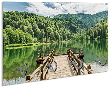 Wallario Schlüsselbrett aus Glas 30 x 20 cm, Wand Schlüsselhalter mit 4 Haken, Motiv: Steg am See in den Bergen