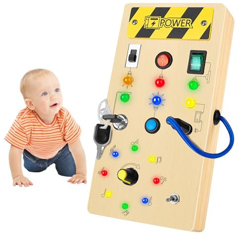 CRIOLPO Busy Board Montessori Spielzeug ab 1 2 3 Jahre, Activity Board Holzspielzeug LED Kinderspielzeug Motorikspielzeug Lernspielzeug mit 8 LED, Geschenk für Babys Jungen MäDch