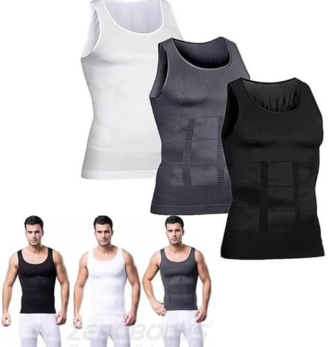 Fumxincg SHAPERLUV - Camiseta moldeadora para hombre, 3 piezas, camisa moldeadora de cuerpo, capa base de compresión para hombre para deporte, Negro Blanco Gris, L