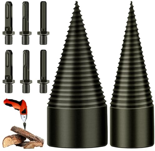 EMOIEMO Foret de Fendage de Bois - 32mm+42mm Fendeur de Buche, Fendeuse Bois Cône, Foret Conique avec 6 Poignées, Carré/Rond/Hexagonal pour Perceuse Électrique, Fendeuse à Bois