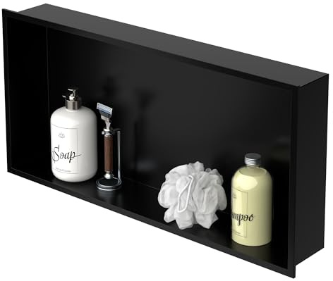 LuxeBath Niche de Douche Encastrée Murale, 60x30x10 cm, en Acier Inoxydable, Noir, Étanche, Étagère avec Cadre Salle de Bain, Encastrable, Seule Couche, Rangement Articles Toilette, Matériel Montage