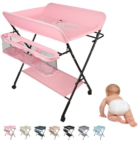 MUL-BOUTIQUE Wickeltisch, faltbar, abnehmbarer Wickeltisch mit Ösen und Aufbewahrungskorb, tragbar, höhenverstellbar, für Babys, 80 x 66 x 98 cm (Rosa, 80 x 66 x 98 cm)