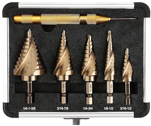 ROGAPER 6PC Cobalt Step Drill Bit Set, Hex Shank Step Drill with Two Spiral Flutes and Automatic Center Punch for Metal, Stainless Steel, Aluminum, Wood, and Plastic with Aluminum Case, 50 Sizes