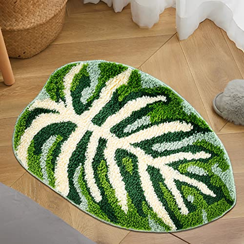 Green Leaf Mat, 17 x 24inch Non Slip Palm Shaped Bathtub Rug, Super Absorbent Monstera Bath Mat, Cute Creative Bath Mat, Washable Shower Bathroom Rug for Bedroom Bathroom Doorway