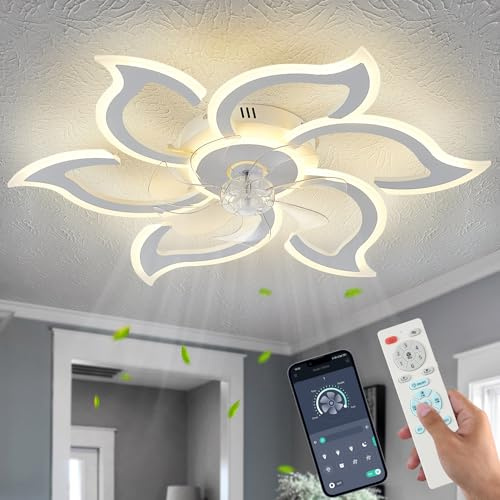 SIJINCHEN Flower Ceiling Fans with Lights and Remote, 33.5 Inch Modern Low Profile Flush Mount Ceiling Fan, Dimmable LED Ceiling Light Fixture, Small Ceiling Fans for Bedroom, Kitchen, Indoor-White