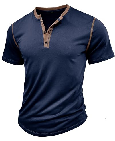 MakingDa Henley Homme Manche Courte Boutons Gym Été Uni Golf Sport Strech Uni T-Shirt Muscle Classique Casual Léger Slim Fit Travail Grandad Shirt Bleu foncé L