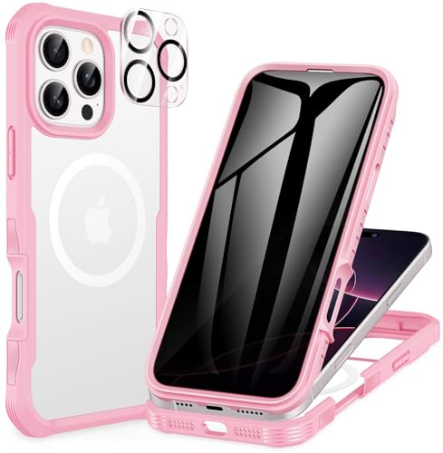 CENHUFO Magnetica Privacy Cover iPhone 16 Pro Max, [Compatibile con Magsafe] Integrata Vetro Temperato Anti Spia Schermo e Protezione Fotocamera, Custodia Antiurto 360 Gradi Doppia Faccia Case -Rosa