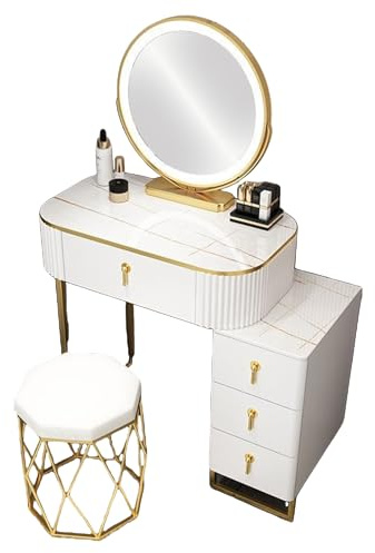 SJDUYD Schminktisch mit Spiegel und Hocker, Make-up-Schminktisch-Set mit 3 Modi LED-Spiegel,4Schubladen, Moderner Schminktisch für Frauen und Mädchen (weißer, 70cm/27.5in)