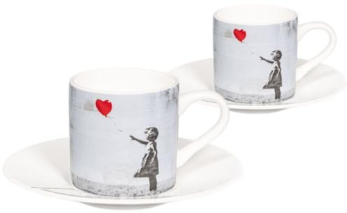 tea4chill Könitz Espresso Tassen Set Banksy Girl with Balloon. 2 Kaffeetassen 65ml aus Fine Bone China Porzellan. Espressotassen modern, bunt
