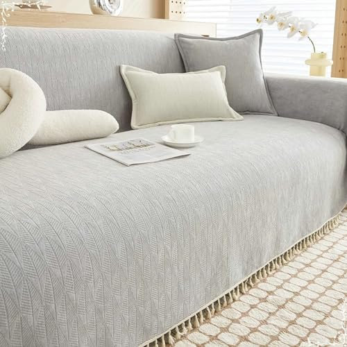 Epinki Sofa Überwurfdecke, 180x300CM Ecksofa Bezug 3-Sitzer mit Quaste Einfarbig Muster, Anti-Rutsch Sofa Protection Cover Sofaüberwurf Katzen aus Chenille Möbelschutz-Sofabezüge, Hellgrau