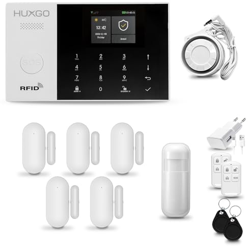 HUXGO® HXA005 Funk Alarmanlage Set WiFi + GSM mit Sirene | Alarm System mit Bewegungsmelder, 5X Tür- Fenstersensor, Fernbedienung | Wohnmobil Alarmanlage | Alexa Google Home