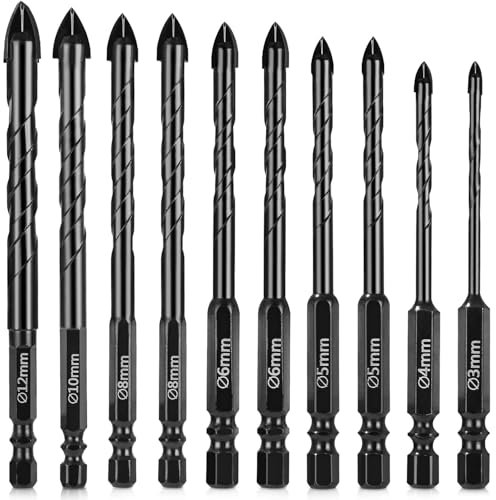 10 Pezzi Punte Trapano Gres Porcellanato, Punte Trapano Gres Porcellanato Vetro, Set Punte Trapano per Vetro, Piastrelle, Ceramica, Granito, Marmo, Ø 3-12 MM