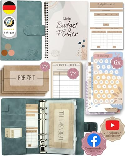 BeginnerBudget® Budget Planner Deutsch - Starterset mit Sparchallenge + Budgetplaner (144 Seiten) - Sparen mit Umschlagmethode + Anleitung Ringbuch, Binder A6 Wildleder, vegan (Hellblau) | Komplettes Starterset für Finanzen