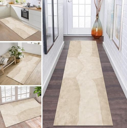 Teppich Läufer Lang Küche Flur Teppichläufer Rutschfest Waschbar Küchenläufer Teppichmatten Beige Braun Flurmatten 60X200CM Schmutzfangmatte Meterware Schlafzimmer Wohnzimmer Esszimmer Küchenteppich