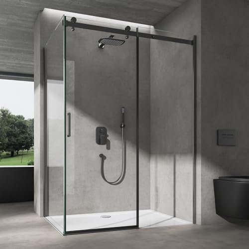 doporro Duschkabine mit Schiebetür Eckdusche 80x120x195cm Duschabtrennung Schwarz 8mm ESG-Sicherheitsglas Klarglas mit weißer Duschtasse inkl.Nano-Beschichtung Ravenna19