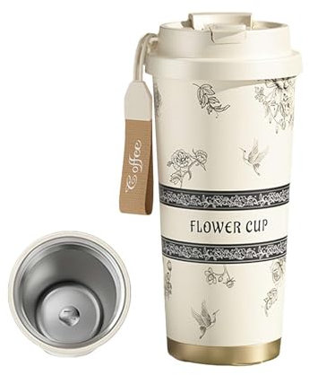 Lily of The Valley Mug isotherme pour femme en acier inoxydable ou en céramique avec infuseur intégré Motif floral élégant Noir 500 ml