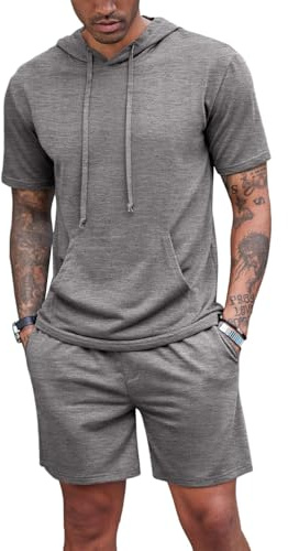 QUNERY Conjunto Hombre Verano Hombre Chándales 2 Piezas Camiseta Deportecon Capucha y Short con Bolsillos para Fútbol Baloncesto Tenis Jogging Gris Oscuro XL