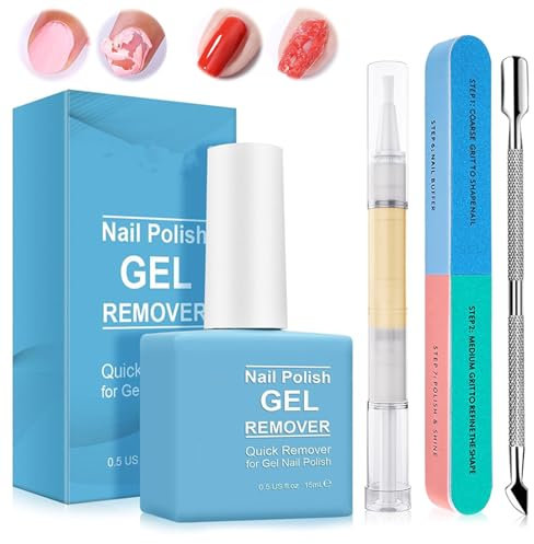 Dissolvant de Vernis à Ongles en Gel 15 ml, Dissolvant Vernis Semi Permanent, avec Nail Care Pen, Limes à Ongles et Grattoir à Cuticules, Vernis Gel Enlève Facilement et Rapidement en 3-5 Minutes