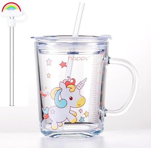 Banzimiao Glasbecher mit Deckel, transparentes Glas mit Strohhalm,Einhorn | Trinkbecher mit Deckel und Strohhalm für Kaffee, Fruchtsäfte, Eistee, 350 ml