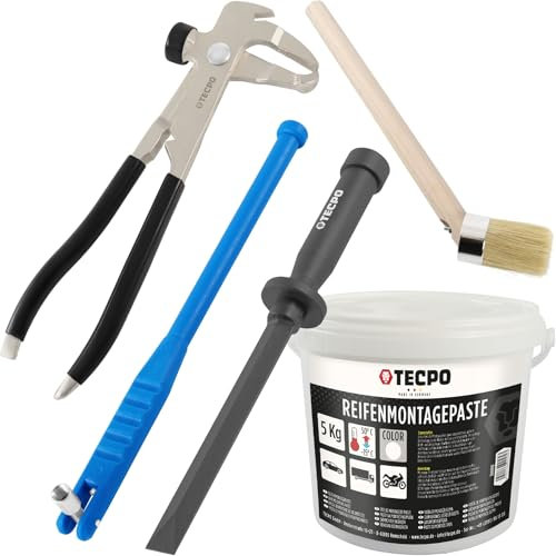 TECPO Kit de réparation de pneus 5 pièces, pince à poids d'équilibrage, extracteur de valve de pneu, poids adhésif grattoir en plastique 19 mm, pâte de montage de pneus 5 kg blanc, pinceau pour pâte
