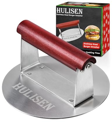 HULISEN 6.2 Stainless Steel Smashed Burger Press with Extra Wide Heat-Resistant Wood Handle, Burger Smasher for Flat Top Griddle, Grill, Skillet, Cast Iron Pan, Hamburger Cooking Accessories