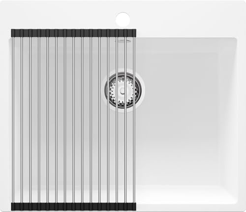 PRIMAGRAN Fregadero Cocina al Mueble 60cm + Kit de desagüe, 58x50cm | Set: Kit de desagüe (sifón, válvula, rebosadero) + Enrollable Escurridor + Riga 1 Seno Granito, Blanco
