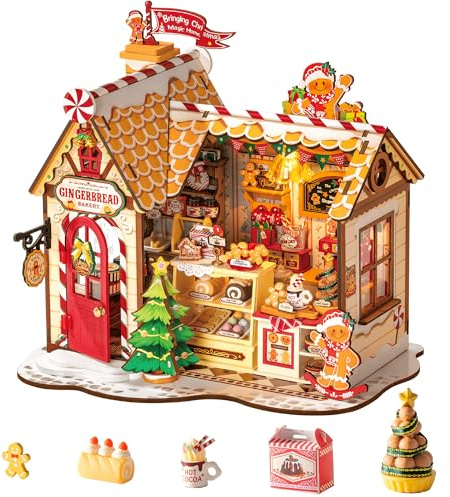 ROBOTIME Kit de maison miniature à faire soi-même, petite maison de livre pour la famille et les amis, mini maison de poupée en bois pour Halloween, Noël, cadeau d'anniversaire (maison en pain d'épice