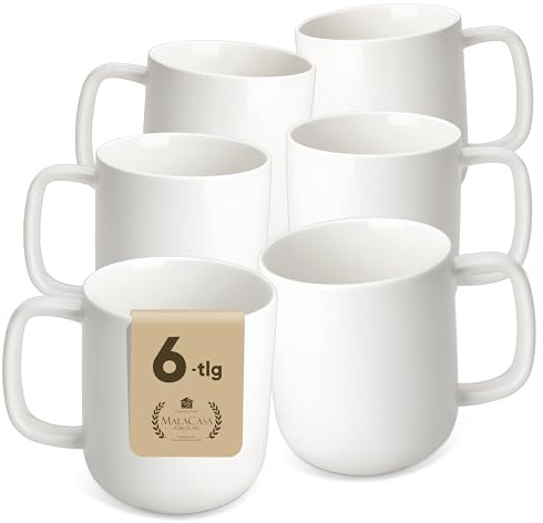 MALACASA Mugs Sets of 6, 11 OZ/330ML Ceramic Mugs Set of 6 with Handle, Cups for Latte, Hot Tea, Cappuccino, Mocha, Cocoa, Dishwasher & Microwave Safe, Gift Set, Ivory White, Luna Serie