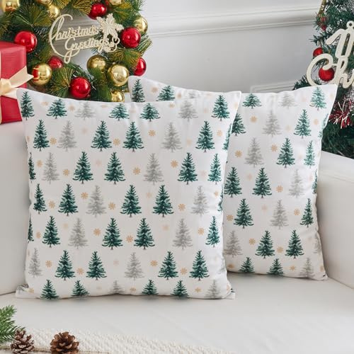 Voreppy Kissenbezüge Weihnachten 40x40 Samt Weiß Weihnachtsbaum Schneeflocke Winter Weihnachtskissen Kissenhülle Weihnachts Deko Sofakissen Couchkissen für Sofa Couch
