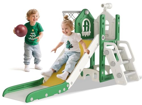 BIERUM 6 in 1 Toddler Slide - L-Shaped Baby Slide for Toddlers Aged 1-3 with Basketball Hoop, Telescope Toy and Anti-Slip Pads, Indoor Outdoor Toddler Playset, Green Yellow