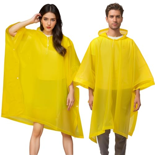 WOHSEROM 2 Pack Adult Rain Ponchos Heavy Duty Reusable EVA Waterproof Cape with Drawstring Hood for Men Women Hiking, Festivals, Sports (Fits 1.4-1.9m Height) Yellow