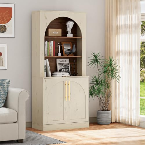 UEV Modern Kitchen and Dining Sideboard Set, Arched 2-Door Cabinet with Top Arch, Freestanding Cupboard for Pantry, Crockery & Decorative Display, Beige