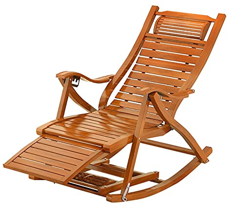 Sedia a dondolo in bambù – Lettino ergonomico da esterno, reclinabile in legno portatile per giardino e patio, comoda chaise longue per anziani