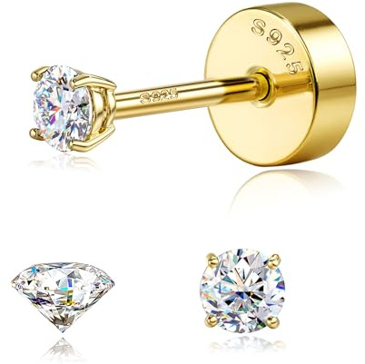 SLLAISS Moissanite Stud Earrings 925 Sterling Silver 0.07-3CTW | 14K Diamond Look Sparkle Earrings, Moissanite Flat Back Earrings for Cartilage, Helix, Conch, Hypoallergenic