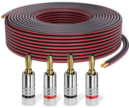 PureLink Câble haut-parleur avec fiches banane, câble audio OFC 2x2,50mm² (0,20mm), 10,0m, 4 fiches, cuivre pur pour enceintes HiFi et caisson de basses, repérage de polarité, noir