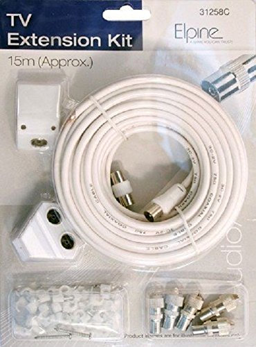 15m TV Extension Cable Kit + 2 Way Splitter,Coaxial Plugs,TV Coupler,Cable Clips