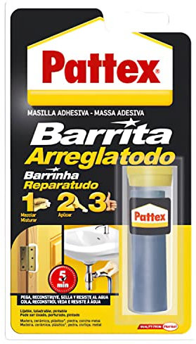 Pattex Barrita Arreglatodo, masilla bicomponente extrafuerte, pasta moldeable para pegar y reparar, resina epoxi barnizable y lijable para múltiples materiales, tubo 48 g
