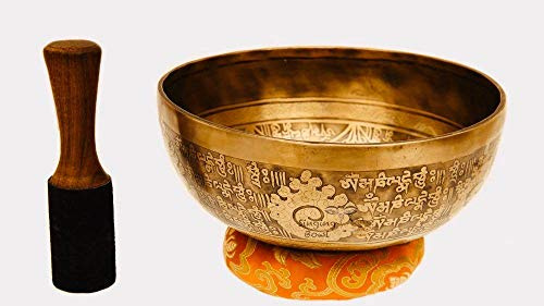 Tibetische Klangschale aus handgehämmertem Buddha, 27,9 cm lang, heilende Mantra, handgeschnitzt, Nepal Yoga Klangschalen mit Kissen und Schlägel