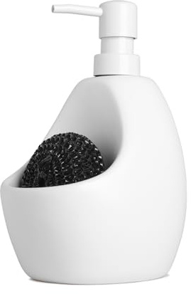 Umbra Joey Flüssigseifenspender 590 ml aus Matter Keramik mit Schwammhalter – ideal für Küche & Bad, Weiss