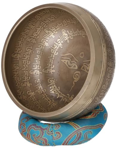 Handgearbeitete gravierte Klangschale mit Klöppel, Ø 13 cm | Einzigartiges Design, handgefertigt, Gewicht ca. 280 g, Kupfer-Zinn-Legierung, Klangschalen für Meditation und Entspannung.
