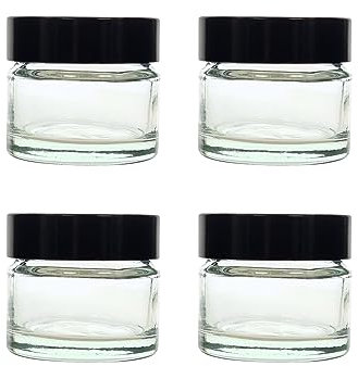AVALON 4 PACK 15 ml / 0.5 oz Clear Glass Jars with Airtight Black Lids, Empty Refillable Cosmetic Containers, Glass Pot for Storage of Lotions, Face Creams, Ointment and Make Up