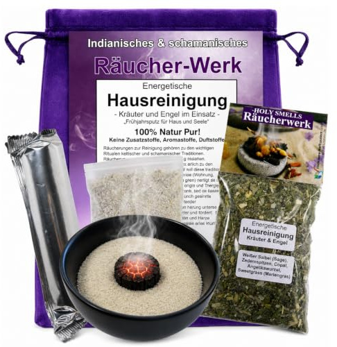 Energetische HAUSREINIGUNG räuchern 6-TLG Räucher-Set mit Räuchermischung zum Ausräuchern NEGATIVER Energien in Haus, Wohnung KRÄUTER & Engel. 10cm RÄUCHERSCHALE, Anleitung, Zubehör 81043-S