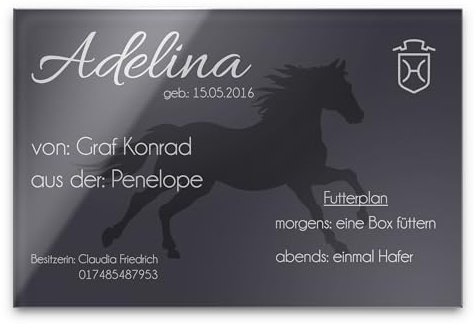 CHRISCK design Edle Stalltafel Boxenschild Namen und Abstammung Brandzeichen für Ihr Pferd 30x20 cm Pferdebox Pferde-Schilder aus bruchsicherem Hochglanz Acrylglas - kratzfester Druck