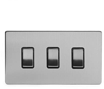 Soho Lighting Brushed Chrome 3 Gang Light Switch Double Plate Black Insert Screwless