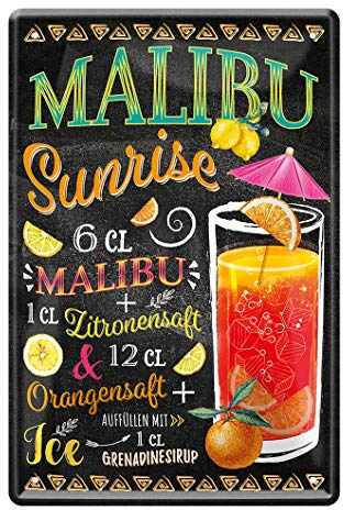 Malibu Sunrise Cocktail Rezept Blechschild - Retro Deko Schild - Metallschild zur Dekoration von Küche Beach Bar Pub Kellerbar Lounge Kneipe - Anleitung zum Cocktail Longdrink Mixen - 20x30cm