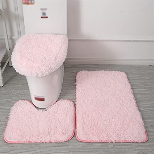 Lifup Tappeti Bagno Antiscivolo 3 Pezzi, Tappetino Rettangolo a Pelo Lungo Morbida Soffici, Tappetino per WC, Copertura per WC Coperchio Peloso rosa